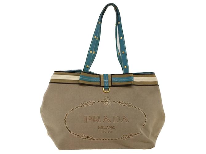 PRADA Tote Bag Canvas Leather Beige Light Blue Auth 49046 Cloth  ref.1018558
