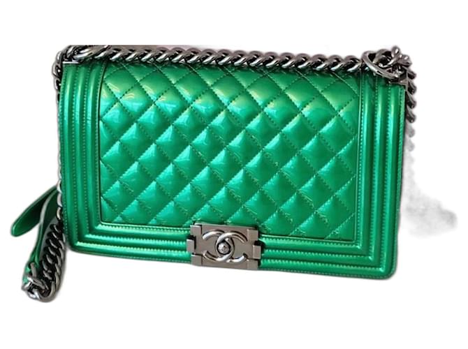 Chanel Metallic Green Quilted Leather Medium Boy Flap Bag with Shiny Silver Hardware Patent leather  ref.1018689