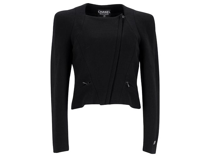 Timeless Asymmetrischer, maßgeschneiderter Chanel-Blazer aus schwarzer Wolle