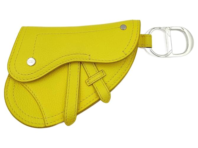 Llavero bolso Dior Saddle en cuero amarillo fluorescente  ref.1018813