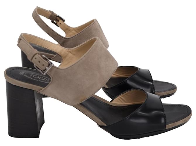 Tod's Block Heel Sandals in Beige and Black Suede and Leather  ref.1018919