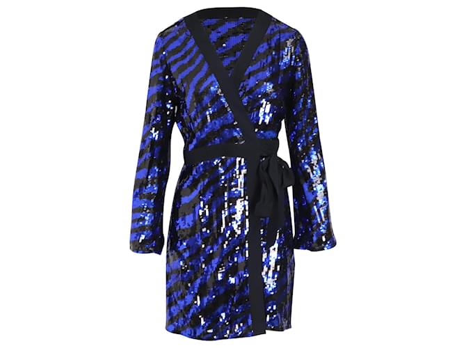 Autre Marque Rixo Striped Wrap Dress in Blue and Black Sequin Python print  ref.1019004