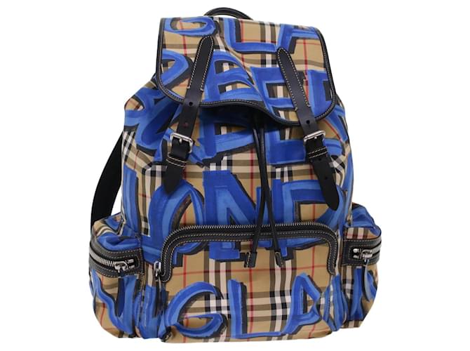 BURBERRY Nova Check Graffiti Backpack Canvas Leather Beige Blue Auth 49119a Black Cloth  ref.1019103