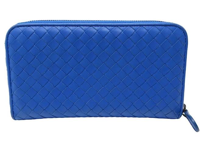 NEW BOTTEGA VENETA ZIP INTRECCIATO WALLET Blue Leather  ref.1019720