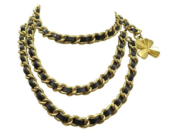 Chanel Black Leather and Gold Chain Medallion Belt Necklace at