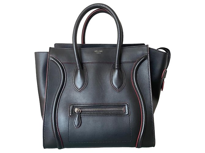 Luggage Trolley Céline in pelle nera e bordi bordeaux Nero Bordò