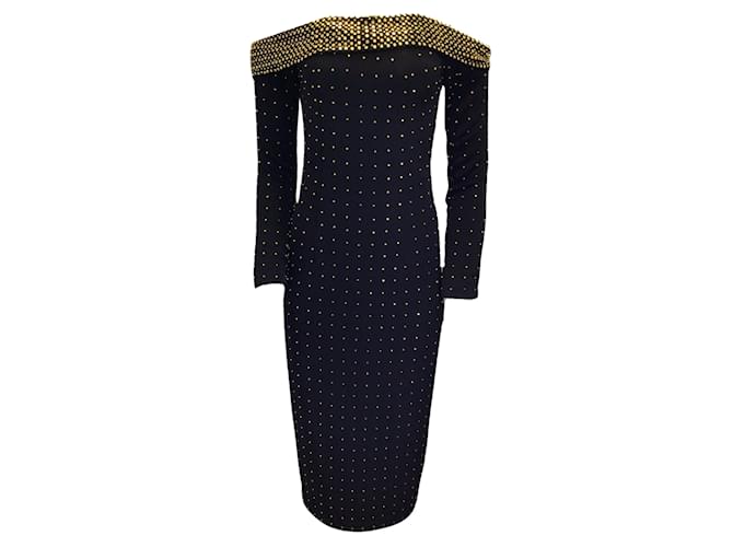 Autre Marque Sally LaPointe Black / Gold Studded Off-the-Shoulder Crepe Dress Viscose  ref.1020500