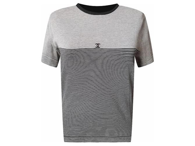 Rare! Chanel 97c Karl Lagerfeld 1997 Logo striped T-Shirt Pre-Owned Grey Cotton  ref.1021586