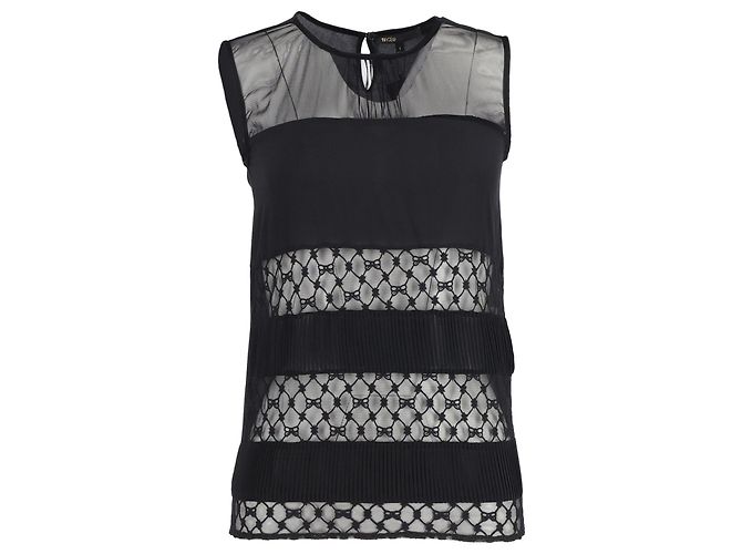Maje Sheer Panel Sleeveless Top in Black Silk