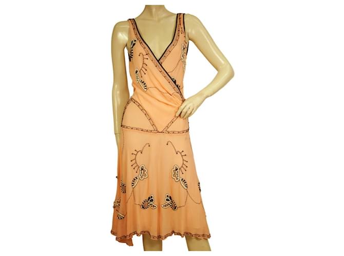 Temperley London Peach Silk Floral Beaded Embroidery Knee Dress size UK 10  ref.1022253