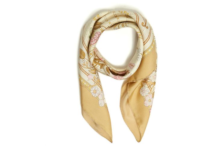 Sciarpa Hermès Straw Games in seta beige giallo
