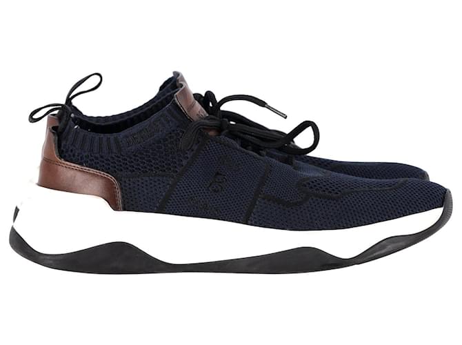 Berluti Shadow Knit Sneakers in Navy Blue Mesh and Brown Calfskin Leather Synthetic  ref.1023040