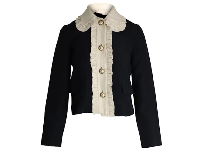 Gucci Ruffled Cropped Jacket in Black and Cream Wool  ref.1023059