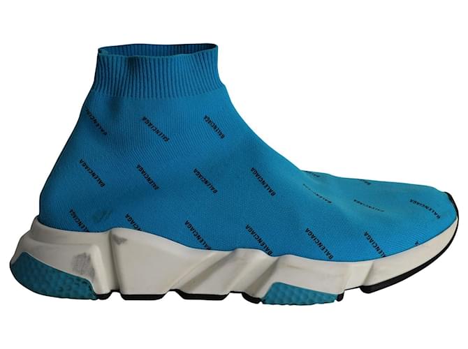 Balenciaga All Over Logo Speed Sneakers in Blue Polyester  ref.1023139