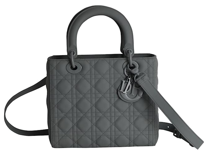 Christian Dior Lady Dior Medium Handbag in Matte Grey Calfskin Leather  ref.1023145