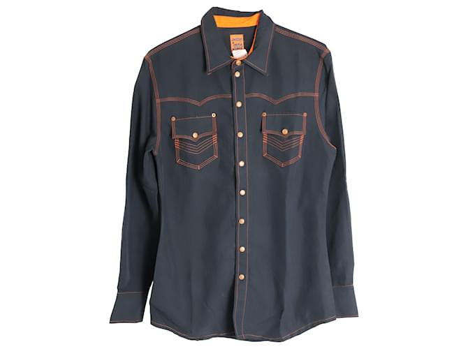 Jean Paul Gaultier Langarm-Button-Down-Hemd in schwarzem Polynosic Polyester  ref.1023153