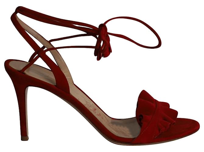 Gianvito Rossi Flora Ruffled Lace-Up Sandals in Red Suede  ref.1023219