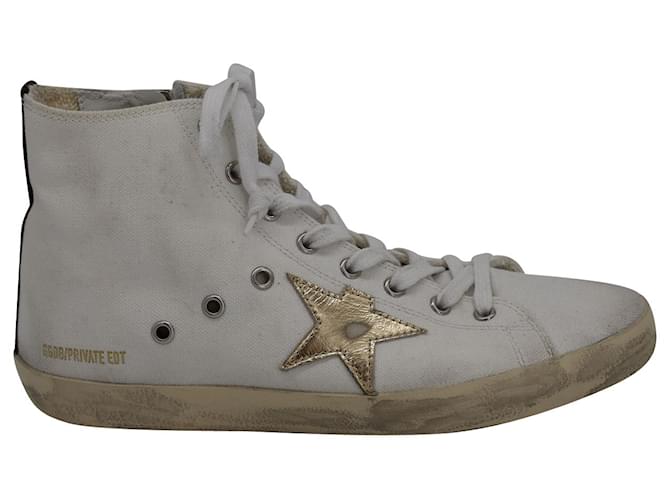 Zapatillas altas Golden Goose Francy desgastadas en lona blanca Blanco Lienzo  ref.1023363