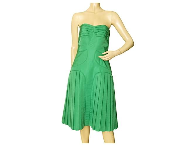 Zac Posen Grass Green Strapless Silk bustier Pleated Skirt midi dress size 8  ref.1023518