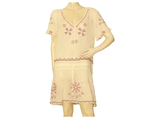 Temperley London Ivory Silk Red Pink Embroidery  Sheer Mini Dress size UK 12 Cream  ref.1023556