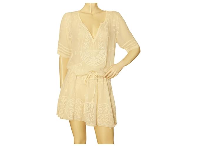 Temperley London Ivory Silk Embroidered Sheer Short Sleeve Mini Dress size UK 10 Cream  ref.1023599