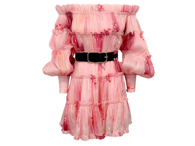 Autre Marque Leo Lin – Schulterfreies, schulterfreies Leila-Kleid mit Gürtel in Rosa Pink Leinen  ref.1023764