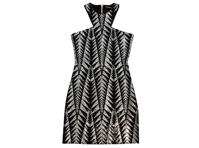 Balmain Black / Silver Crystal Embellished Zip Back Halter Mini Dress Cotton  ref.1023774