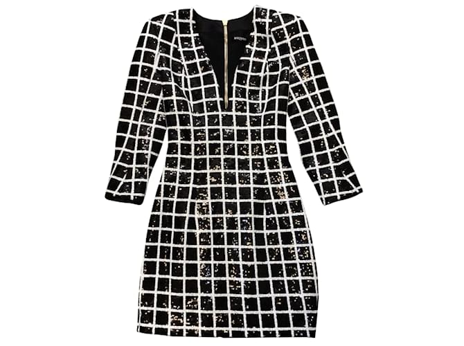 Balmain Black / White Sequined Geometric Grid Print Mini Dress Polyester  ref.1023776