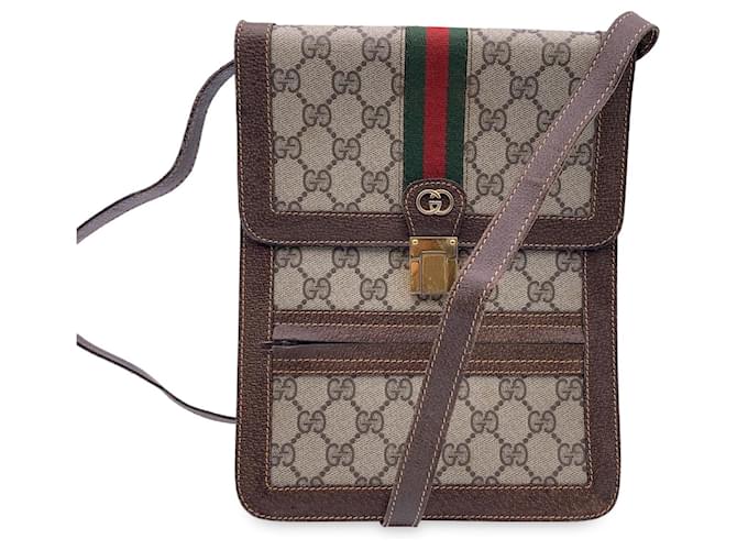 Gucci Vintage Monogram Canvas Vertical Shoulder Bag with Stripes Beige Cloth  ref.1024094