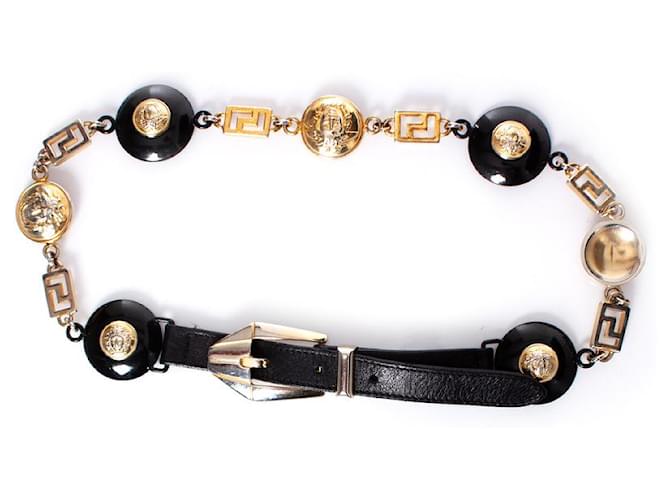 Gianni Versace, cinturón con cadena Medusa Negro Cuero  ref.1025002