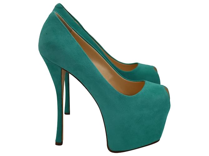 Giuseppe Zanotti Zapatos de salón con plataforma peep-toe Liza en ante verde azulado Suecia  ref.1025281