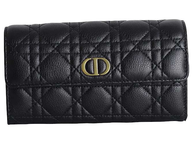 Cannage Dior Caro Wallet in Black Calfskin Leather Pony-style calfskin  ref.1025613