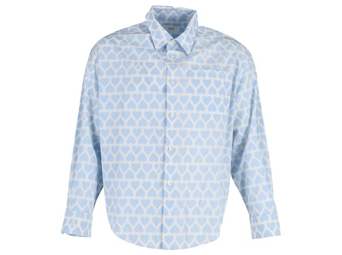 Ami Paris Heart Print Button-Up Shirt in Blue Cotton  ref.1025623