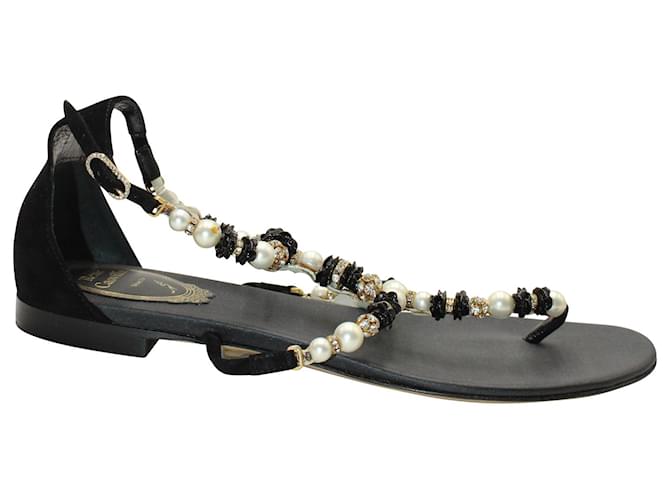 Rene Caovilla Pearl and Crystal-Embellished T-strap Sandals in Black Suede  ref.1025635