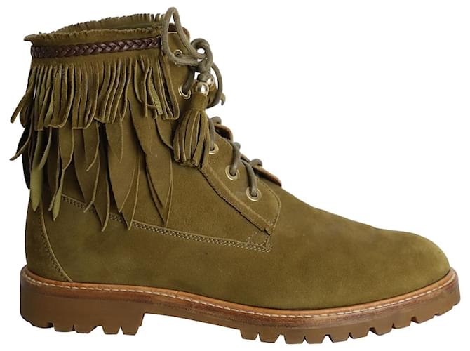 Aquazzura Botas com franjas The Boho Heilbrunner em camurça verde Suécia  ref.1025696