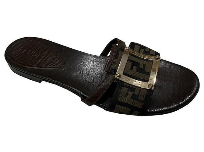 Fendi Sandals Dark brown Leather Cloth  ref.1025775