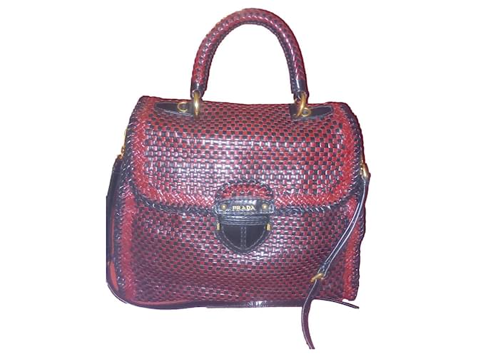 Prada Rubino Nero Woven Goatskin Madras bag Black Dark red  ref.1025793