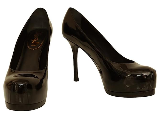 Yves Saint Laurent YSL Tribute Zapatos de tacón con plataforma y punta redonda de charol negro 37  ref.1025794