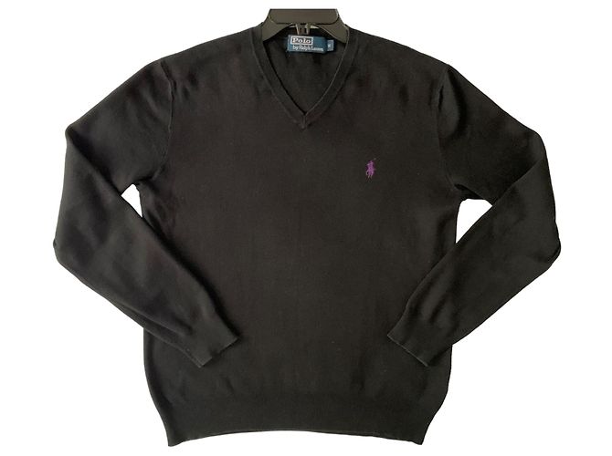 Polo Ralph Lauren schwarzer Baumwollpullover mit V Ausschnitt