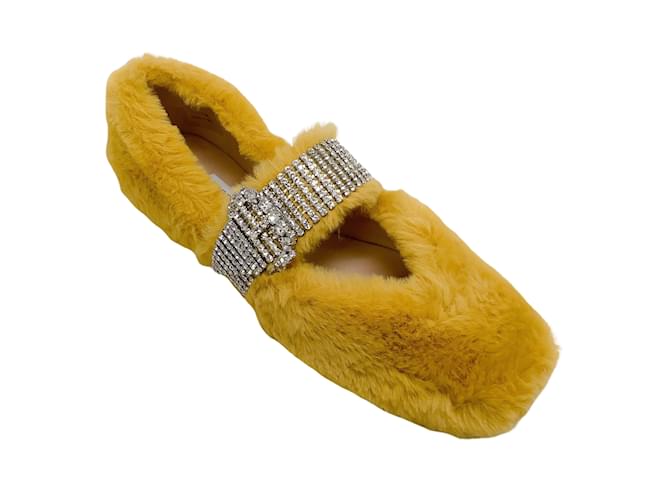 Jimmy Choo Yellow Faux Fur Krista Flats with Crystal Embellishments  ref.1026030
