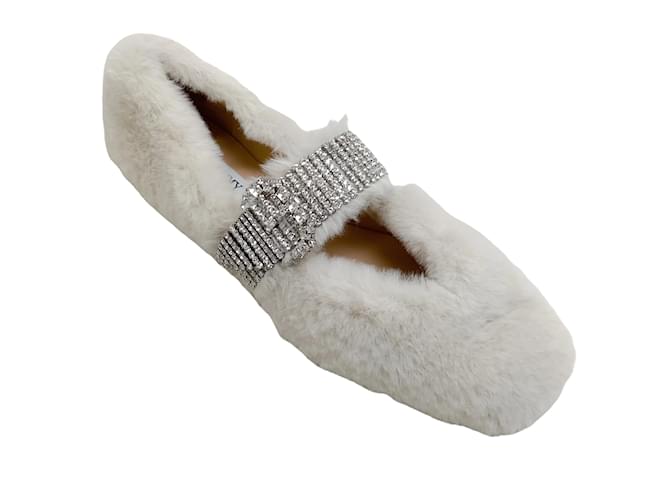 Jimmy Choo Latte Faux Fur Krista Flats with Crystal Embellishments White  ref.1026079