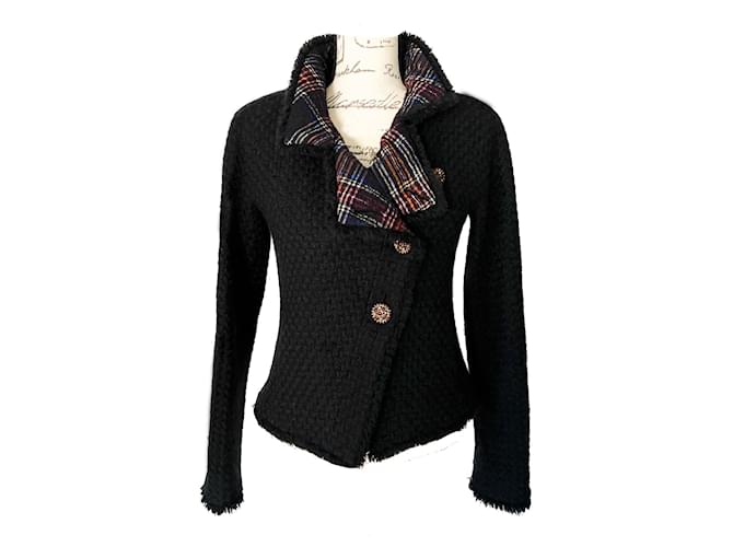 Chanel 8K$ París / Chaqueta de tweed negra con tartán Edimburgo Negro  ref.1026326