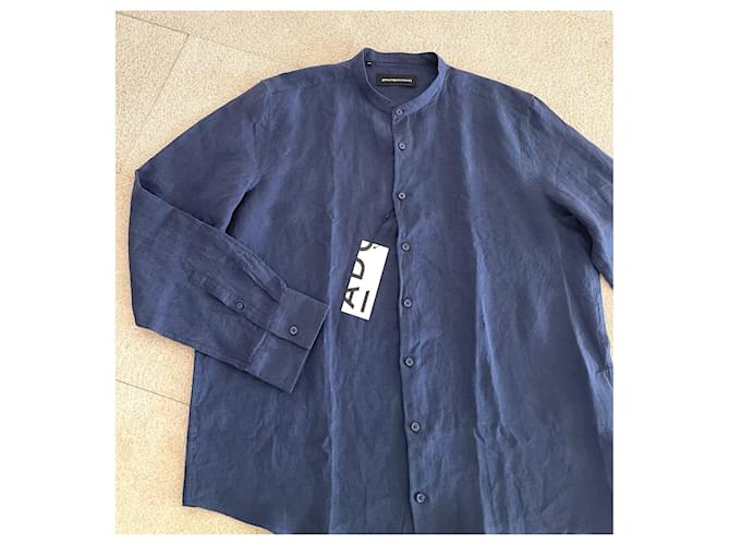 Camisa de lino azul marino con cuello Mao Adolfo Dominguez T. XXL (Talla de cuello 47,5cm)  ref.1026493
