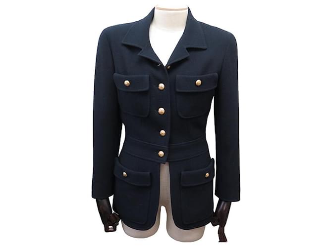 NEW CHANEL JACKET WITH CC LOGO BUTTONS S 36 TWEED NAVY BLUE JACKET  ref.1026941
