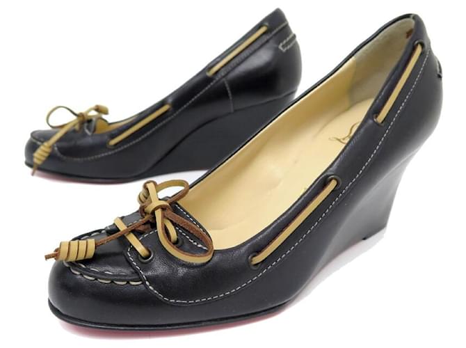 NEW CHRISTIAN LOUBOUTIN SHOES 36 BLACK LEATHER WEDGE BOATS SHOES  ref.1026990