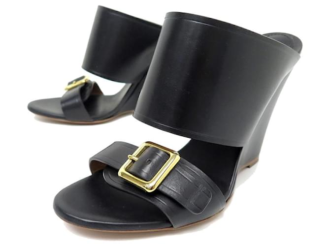 Chloé NEW CHLOE WEDGE MULES SHOES 36.5 BLACK LEATHER SHOES  ref.1026992