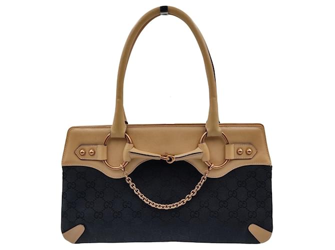 Sac bandoulière Gucci Horsebit Chain en toile et cuir Noir  ref.1027716