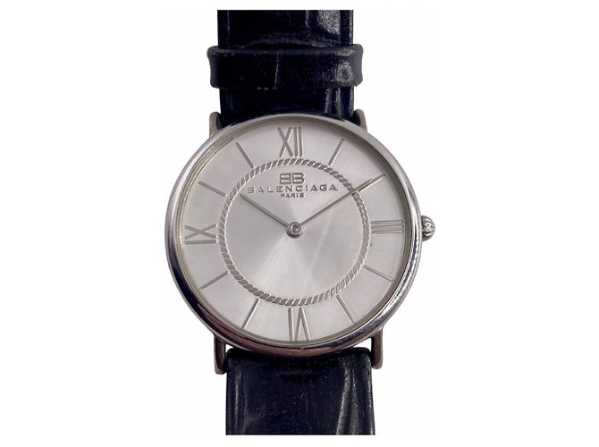 Balenciaga Silver Leather Quartz Watch Black Silvery