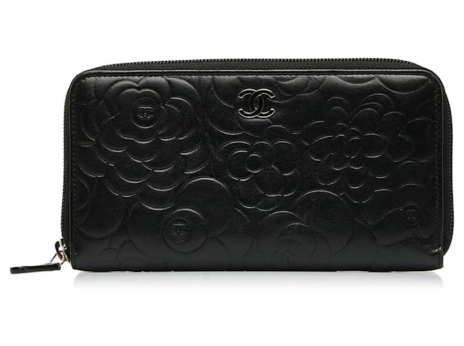 Chanel Black Camellia Zip Around Wallet Leather Pony-style calfskin  ref.1027850