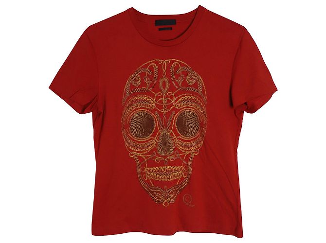 Alexander McQueen Camiseta con estampado de calavera y cuerda en algodón rojo